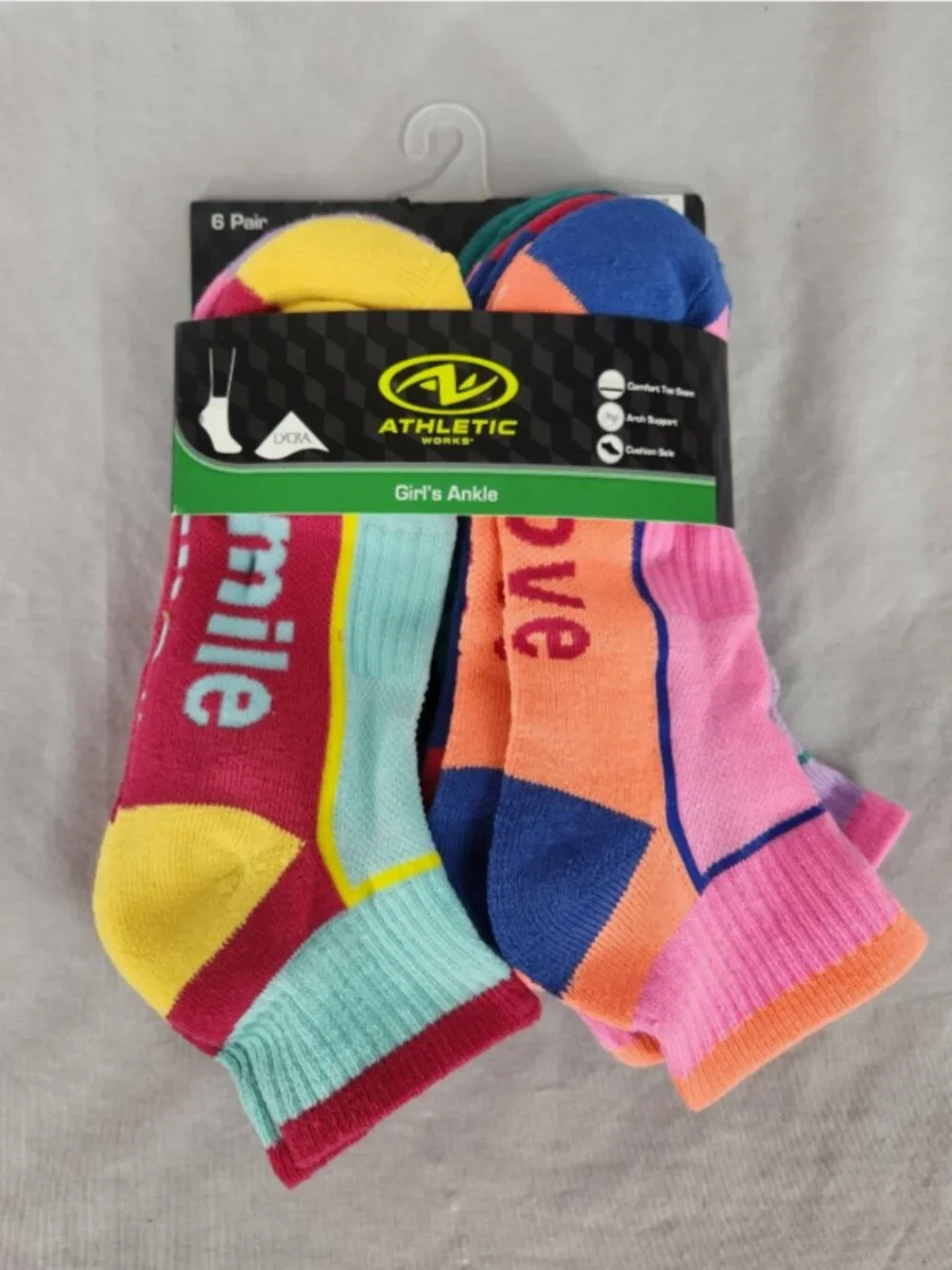 Athletic Works Girls Lycra Ankle Socks Large 6 Pair Bright Multicolor Messages